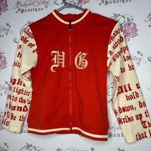 Her grace sweater zip up orange cream tattoo style writing on arms cute stretch